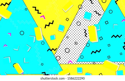 Aqua Elements. Retro Fashion. Pop Art Poster. Fun Artwork. Flat Baby Blue Cover. Lemon Gradient Illustration. Memphis Ultramarine Decor.
