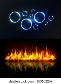 Aqua and fire. Water drops or bubbles and fire flame background with reflection.