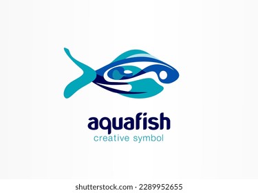 Aqua Fish creative symbol. Water splash shape logo template. Seafood restaurant menu, food shop, store logotype. Blue sea, ocean vector art. Marine design concept icon. Stylized wave abstract painting