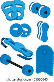 Aqua fitness, swimming aids and water aerobics equipment for water workouts and swimming pool training sessions for rehabilitation, the elderly and long distance swimmers