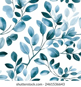 Aqua French Blue Turquoise Teal Sky Abstract Wild Flower Elegant Eucalyptus Leaf Watercolor Scandinavian Design Seamless Pattern Wallpaper Curtain Bedding Upholstery White Background Vector