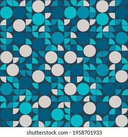 Aqua geometric ornament. Circles and quarters blue pattern. Vector.