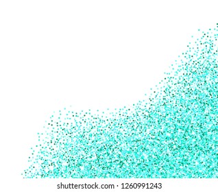 Aqua green glitter texture border over white background. Abstract color sparkles of confetti. Bright celebration vector illustration.