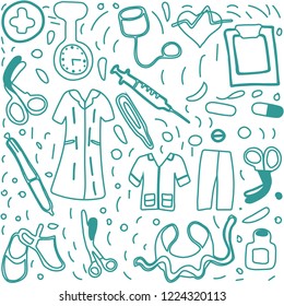 Aqua green lines nursing kit on white background. Vector illustration in flat style. Hand drawn elements.
