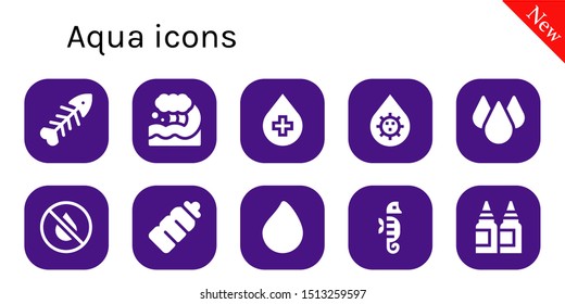 aqua icon set. 10 filled aqua icons.  Collection Of - Fishbone, Wave, Blood, Drop, Ink, Plastic bottle, Paint drop, Seahorse, Inks icons