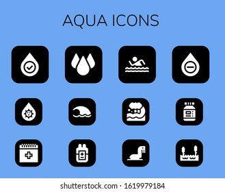 aqua icon set. 12 filled aqua icons. Included Blood, Drop, Wave, Swim, Sea lion, Ink, Lake icons