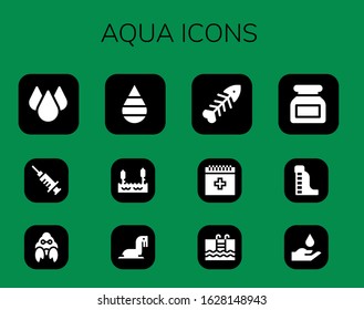 aqua icon set. 12 filled aqua icons. Included Drop, Blood, Hermit crab, Lake, Sea lion, Fishbone, Swimming, Ink, Waterpark icons