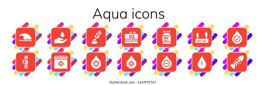 aqua icon set. 14 filled aqua icons. Included Wave, Seahorse, Swimming, Lake, Drop, Fishbone icons