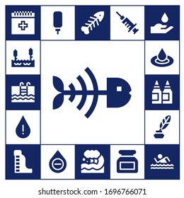 aqua icon set. 17 filled aqua icons. Included Blood, Lake, Swimming, Fish bone, Drop, Droplet, Inks, Ink, Waterpark, Water dispenser, Fishbone, Wave, Swim icons