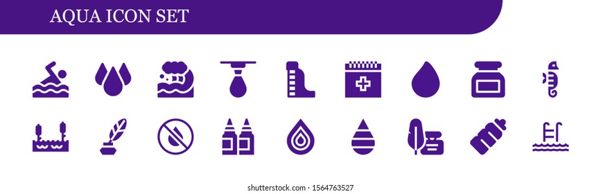 aqua icon set. 18 filled aqua icons.  Collection Of - Swimming, Drop, Wave, Waterpark, Blood, Paint drop, Ink, Seahorse, Lake, Inks, Plastic bottle, Swim icons
