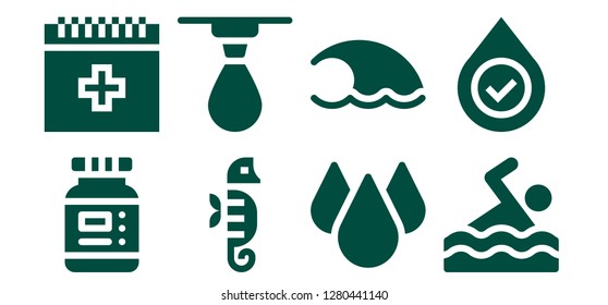  aqua icon set. 8 filled aqua icons. Simple modern icons about  - Ink, Blood, Seahorse, Drop, Wave, Swimming