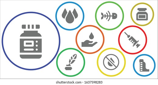 aqua icon set. 9 filled aqua icons.  Simple modern icons such as: Ink, Drop, Fish bone, Blood, Waterpark