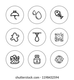 Aqua icon set. collection of 9 outline aqua icons with fish bone, drop, ink, lake, manta ray, reuse water icons. editable icons.