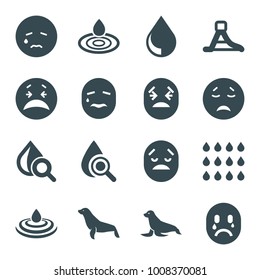 Aqua icons. set of 16 editable filled aqua icons such as seal, water drop, crying emot, drop under magnifier, waterslide