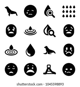 Aqua icons. set of 16 editable filled aqua icons such as seal, water drop, crying emot, drop under magnifier, waterslide