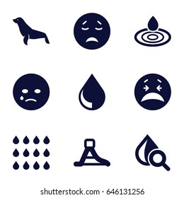 Aqua icons set. set of 9 aqua filled icons such as seal, water drop, crying emot, drop under magnifier, waterslide