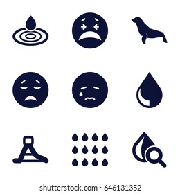 Aqua icons set. set of 9 aqua filled icons such as seal, water drop, crying emot, drop under magnifier, waterslide