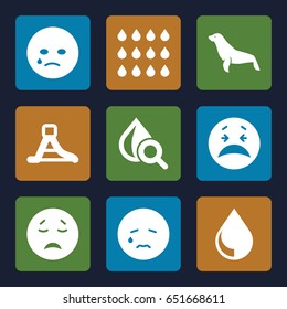 Aqua icons set. set of 9 aqua filled icons such as seal, crying emot, drop under magnifier, waterslide