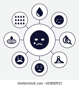 Aqua icons set. set of 9 aqua filled icons such as water drop, crying emot, drop under magnifier, waterslide