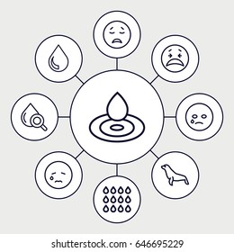 Aqua icons set. set of 9 aqua outline icons such as seal, water drop, drop under magnifier, drop