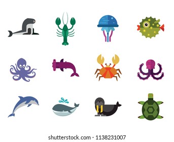 Aqua icons set. Vector icons of dolphin, turtle, sea lion and other sea creatures