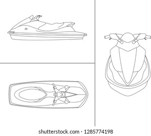 Aqua jetski kid's top, front, side view painting canvas set isolated black and white vector illustration