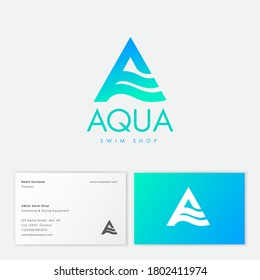 Aqua logo. Letter A with wavy elements. Emblem for cosmetics, clothes for swimming, spa or water club emblem. Business card.