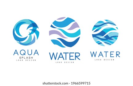 Aqua Logo Set, Clear Water Natural Blue Badges, Labels Vektorgrafik