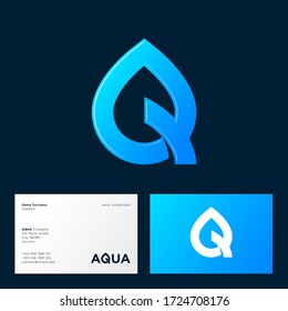 Aqua Logo. Spa Therapy Emblem. Letter Q Like A Drop Of Water. Identity. Emblem For Cosmetics Or Clothes For Swimming. Spa Or Water Club. Business Card.