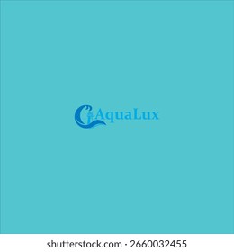 Logotipo Aqua Lux com farol e ícone de onda, cor azul e fundo turquesa