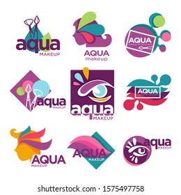 Aqua makeup isolated icons, natural cosmetics and cosmetic tools vector. Brushes and color eyes, female and male silhouettes, beauty emblem or logo. Salon and cosmetology services, female fashion