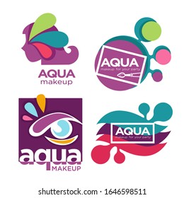 Aqua makeup isolated icons, natural cosmetics and cosmetic tools vector. Brush and color eyes, female silhouette, beauty and hairstyling emblem or logo. Salon and cosmetology services, female fashion