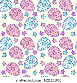 Aqua menthe painted easter eggs with pale blue and pink stars violet dots bright colourful spring holiday design seamless pattern white isolated wrap gift paper stock vector illustration