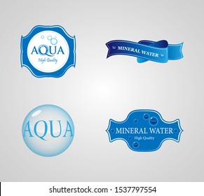 Aqua Mineral Water Label And Logo Sticker. Vector Set Isolated On Gray Background. Clear Water Drop Icons. Flat Aqua Logo, Seal, Drink Logo And Bottle Label Design. Drinking Water Label Concept