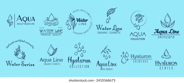 Aqua minimal emblems, hyaluron and water cosmetics, clean, refreshing, and hydrating. Isolated vector set of linear labels, embodies the essence of cosmetic products, pure hydration for radiant skin