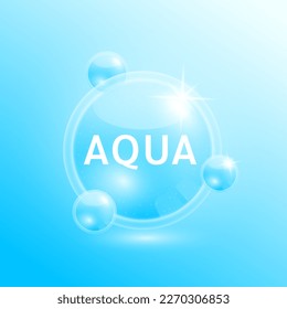 Aqua moisturizer solution. Collagen serum and hyaluronic acid skincare. Substance for beauty cosmetic with chemical formula from nature. Medical scientific concept. 3D Realistic Vector.