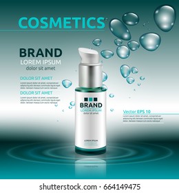 Aqua Moisturizing cosmetic ads template. Hydrating facial or body lotion. Mock up 3D Realistic illustration. Sparkling water drops over blue