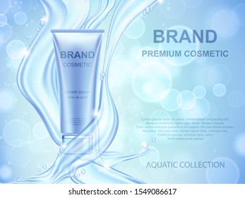 Plantilla de anuncios de cosméticos hidratantes de Aqua. Recipiente de crema realista y agua salpicada de fondo azul