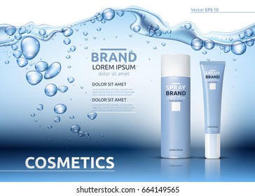 Aqua Moisturizing cosmetics ads template. Hydrating facial or body lotion. Mockup 3D Realistic illustration. Sparkling water drops over blue background