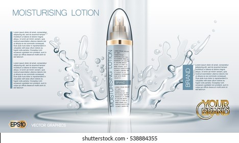 Aqua Moisturizing Lotion cosmetic ads template. Refreshing skin toner. Mockup 3D Realistic illustration. Splash water drops over blue background
