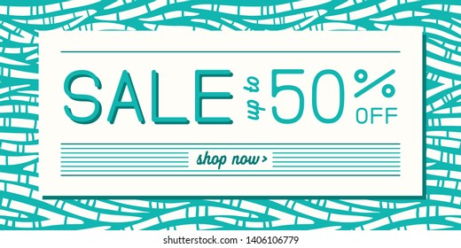 Aqua Monochrome Patterned Tribal Sale Promotion Horizontal Banner. Social Media Ads Graphics. Abstract Zebra Animal Skin. Special Offer Coupon.
