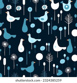 Aqua Navy Blue Geometric Abstract Scandinavian Design Birds and Shapes Seamless Pattern Wallpaper Background