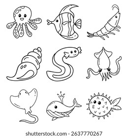 Aqua Ocean Animal Cute Doodle Summer Friendly Monoline