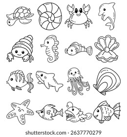 Aqua Ocean Animal Cute Doodle Summer Friendly Monoline
