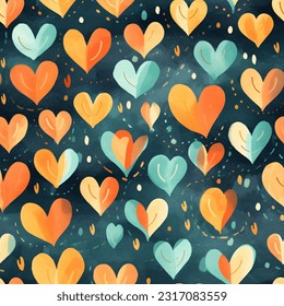 Aqua Orange Turquoise, Colorful Tons of Hearts: Abstract Watercolor Seamless Pattern 
