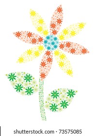 Aqua, orange and yellow mosaic spiky daisy made out of many small daisies in vector format.