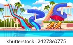 Aqua park attractions. Swimming pool with different types water extreme slides, summer family vacation, kids amusement, cartoon flat style isolated illustration tidy vector aquapark concept