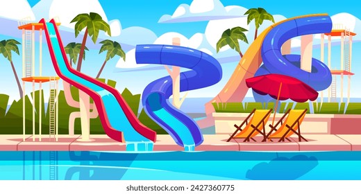 Atracciones del parque acuático. Piscina con diferentes tipos de toboganes extremos de agua, vacaciones familiares de verano, diversión para niños, ilustración aislada de estilo plano de dibujos animados vector ordenado concepto de parque acuático