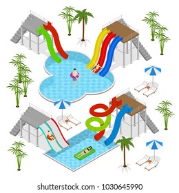 Aqua Park Concept with People and Equipment for Recreation Fun Leisure Isometric View Isolated on White Background. Vector illustration of Waterpark