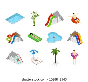 Aqua Park Element Set with People and Equipment Isolated on White Background for Recreation Fun Leisure Isometric View. Vector illustration of Waterpark
